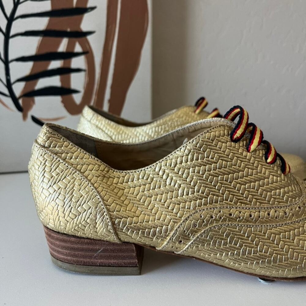 i’alave Metallic Gold Chevron Textured Lace Up Leather Oxford Shoes Size 37 - Picture 4 of 7